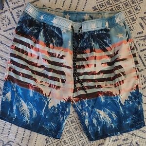 Distortion Blue Palm Tree Men's Swim Shorts Size L